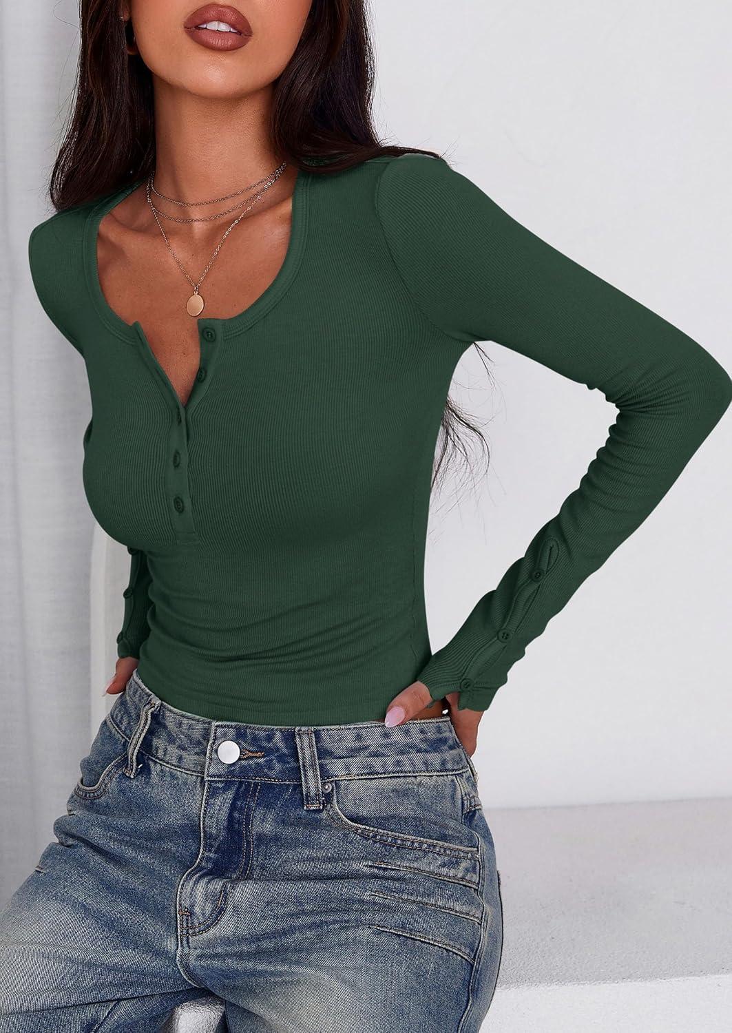 imagePRETTYGARDEN Womens 2025 Summer Long Sleeve Henley T Shirts Ribbed Knit Button Slim Fitted Basic Casual Going Out Fall TopsDark Green