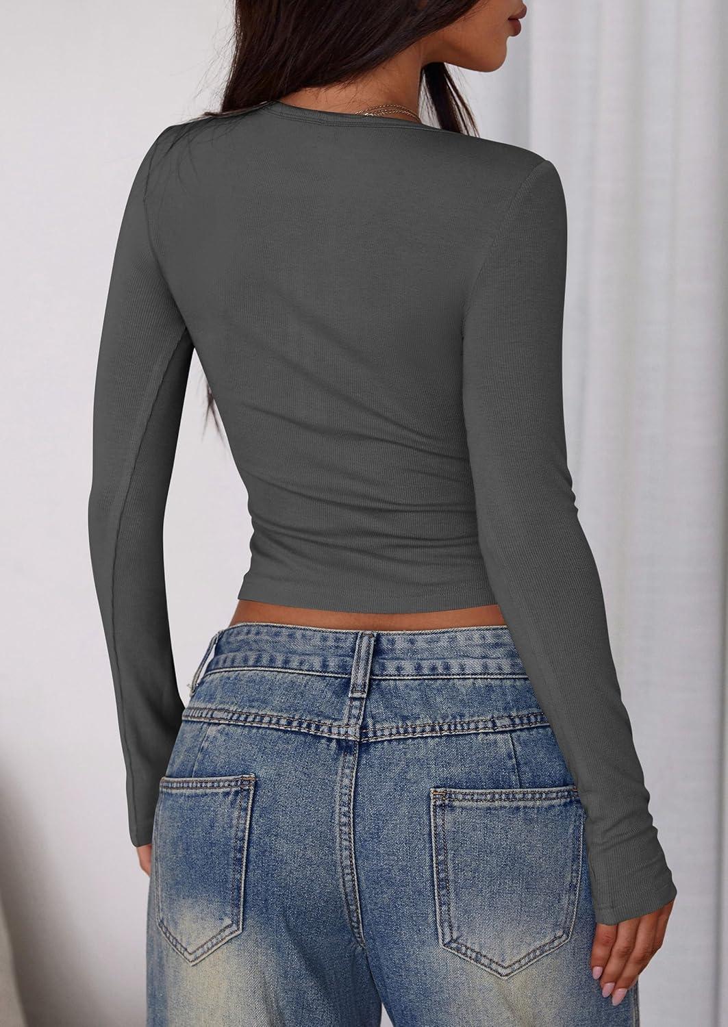 imagePRETTYGARDEN Womens 2025 Summer Long Sleeve Henley T Shirts Ribbed Knit Button Slim Fitted Basic Casual Going Out Fall TopsDark Grey