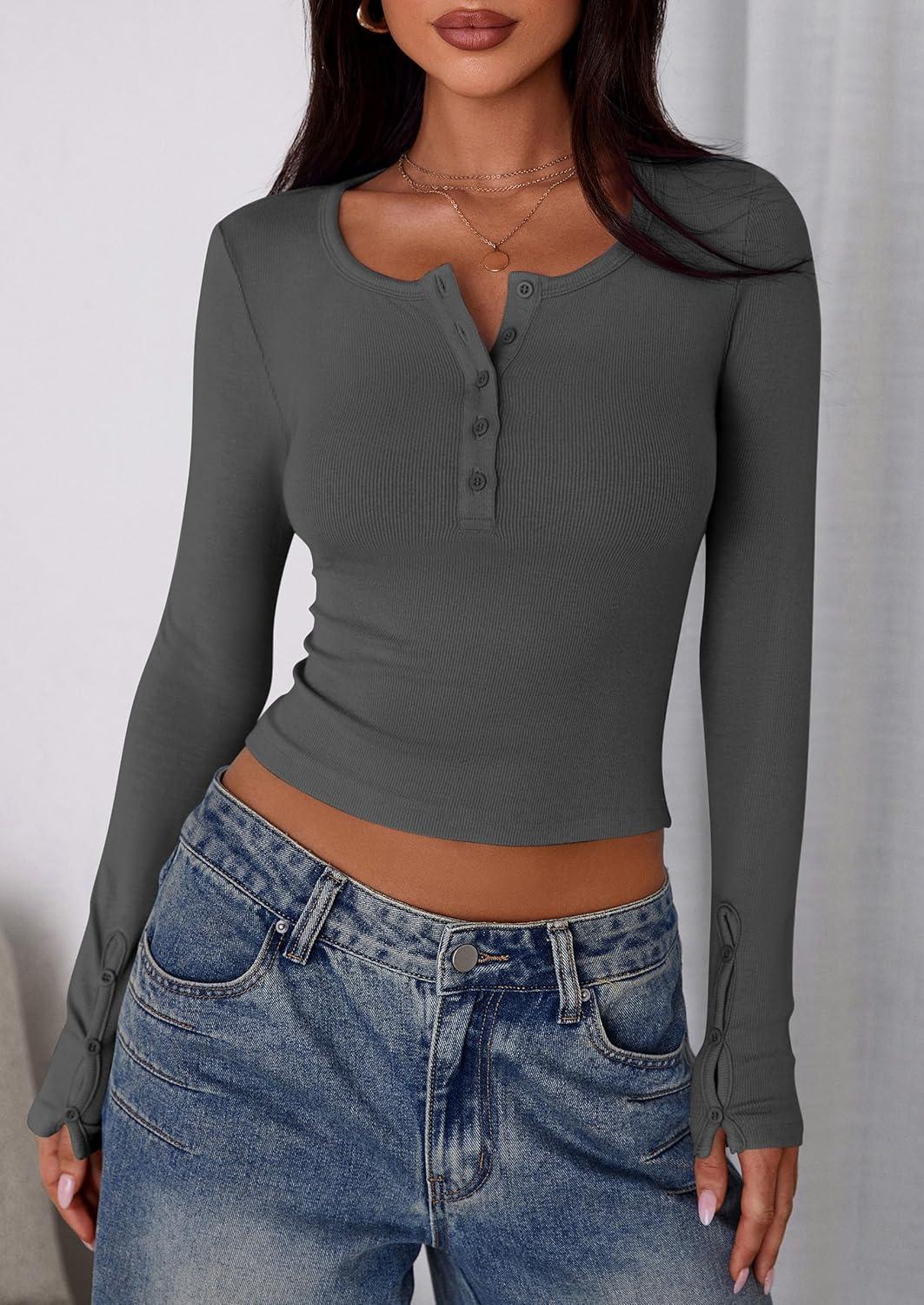 imagePRETTYGARDEN Womens 2025 Summer Long Sleeve Henley T Shirts Ribbed Knit Button Slim Fitted Basic Casual Going Out Fall TopsDark Grey