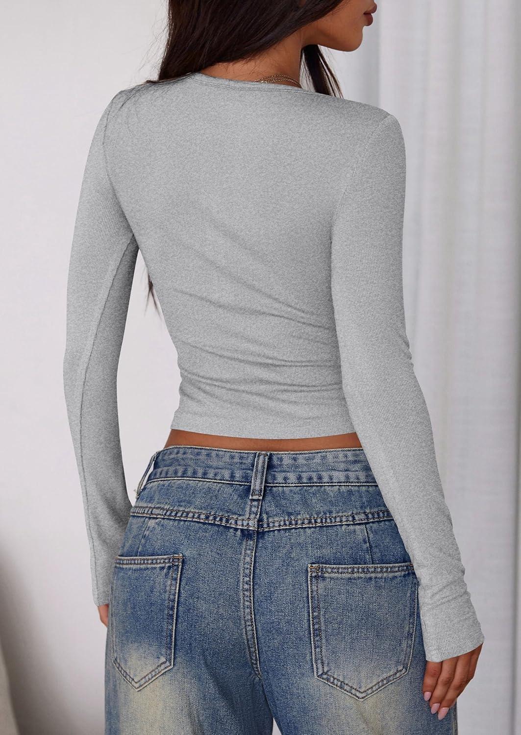 imagePRETTYGARDEN Womens 2025 Summer Long Sleeve Henley T Shirts Ribbed Knit Button Slim Fitted Basic Casual Going Out Fall TopsGrey