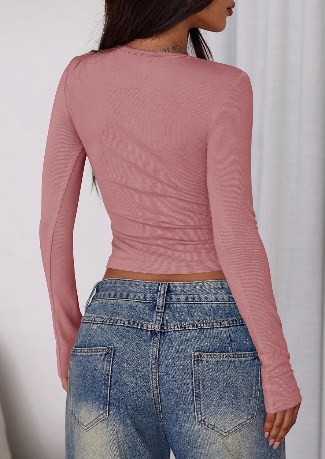imagePRETTYGARDEN Womens 2025 Summer Long Sleeve Henley T Shirts Ribbed Knit Button Slim Fitted Basic Casual Going Out Fall TopsGrey Pink