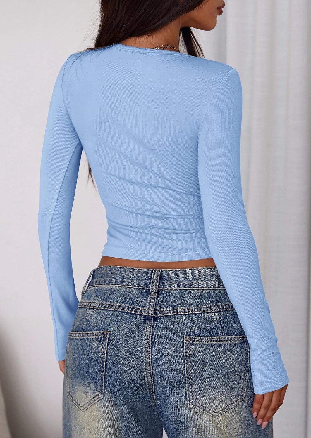 imagePRETTYGARDEN Womens 2025 Summer Long Sleeve Henley T Shirts Ribbed Knit Button Slim Fitted Basic Casual Going Out Fall TopsLight Blue
