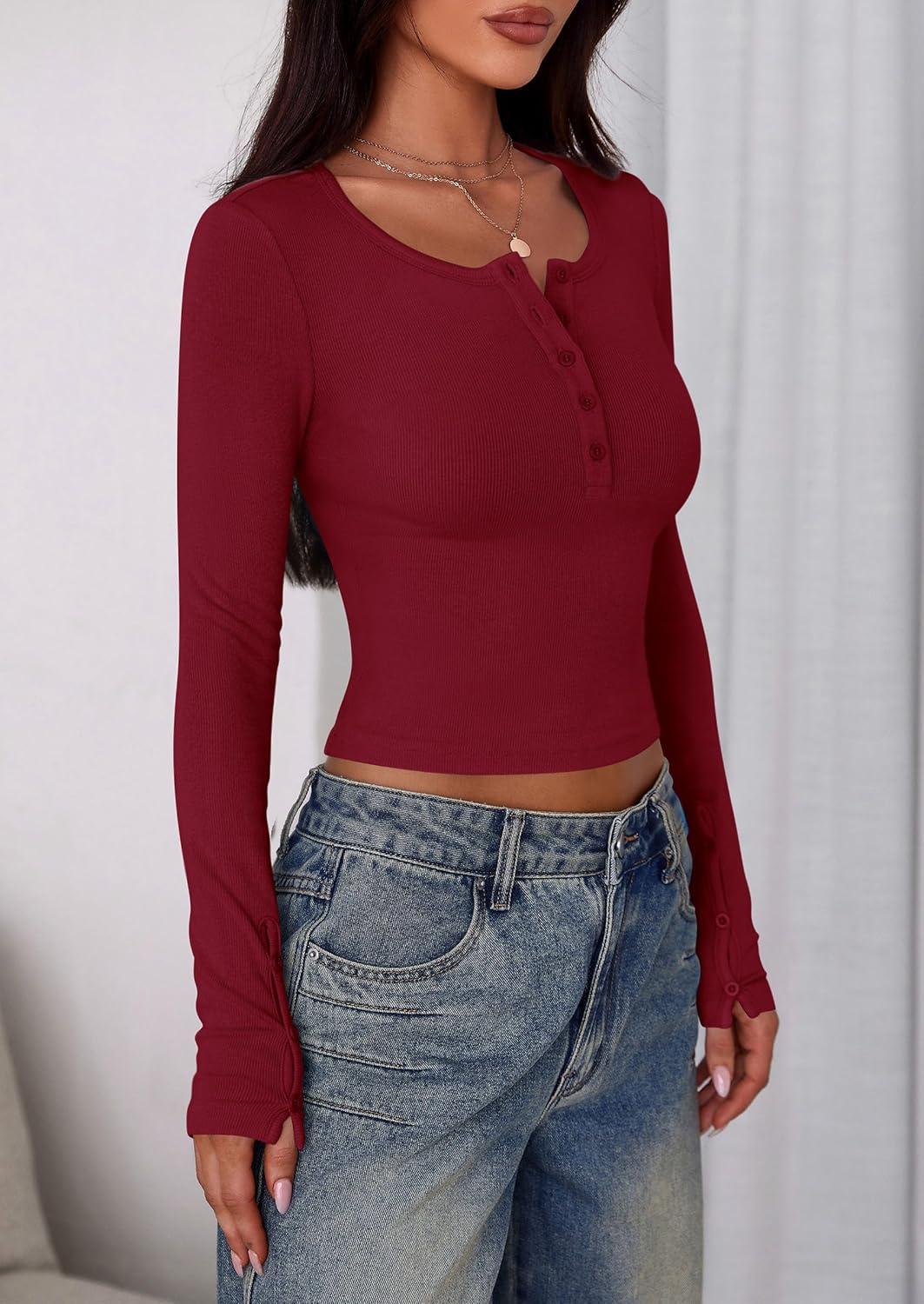 imagePRETTYGARDEN Womens 2025 Summer Long Sleeve Henley T Shirts Ribbed Knit Button Slim Fitted Basic Casual Going Out Fall TopsWine Red
