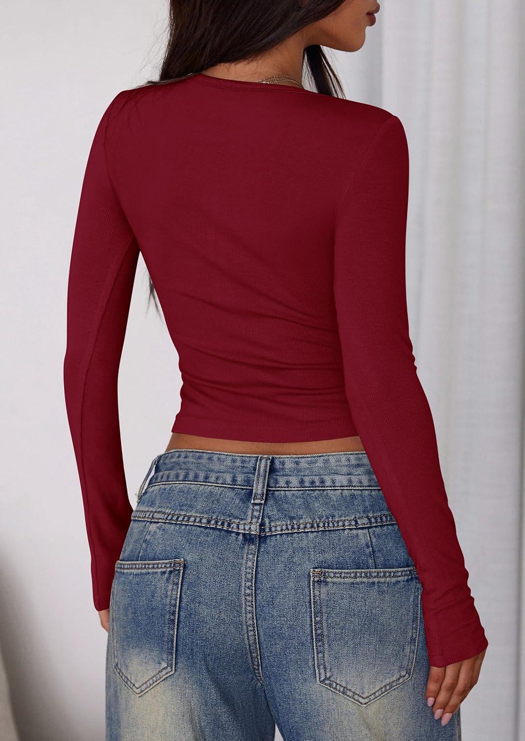 imagePRETTYGARDEN Womens 2025 Summer Long Sleeve Henley T Shirts Ribbed Knit Button Slim Fitted Basic Casual Going Out Fall TopsWine Red