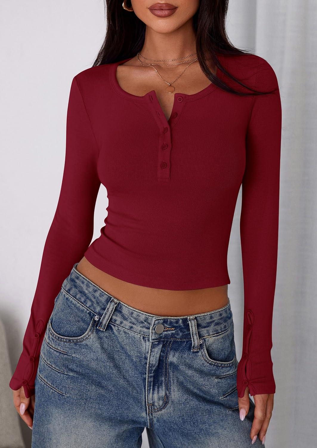 imagePRETTYGARDEN Womens 2025 Summer Long Sleeve Henley T Shirts Ribbed Knit Button Slim Fitted Basic Casual Going Out Fall TopsWine Red