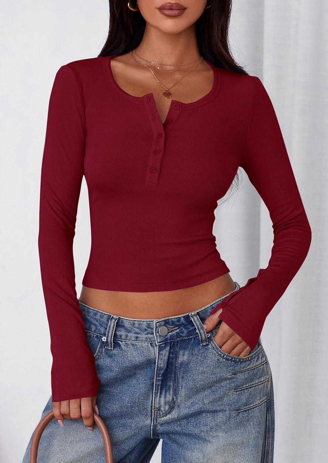 imagePRETTYGARDEN Womens 2025 Summer Long Sleeve Henley T Shirts Ribbed Knit Button Slim Fitted Basic Casual Going Out Fall TopsWine Red