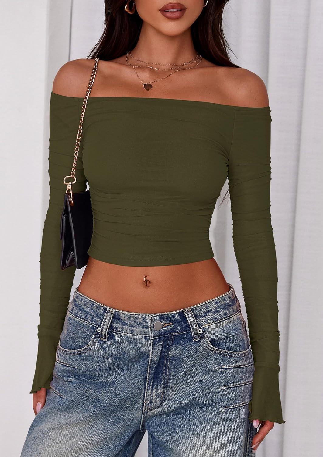 imagePRETTYGARDEN Womens Long Sleeve Mesh Crop ShirtArmy Green