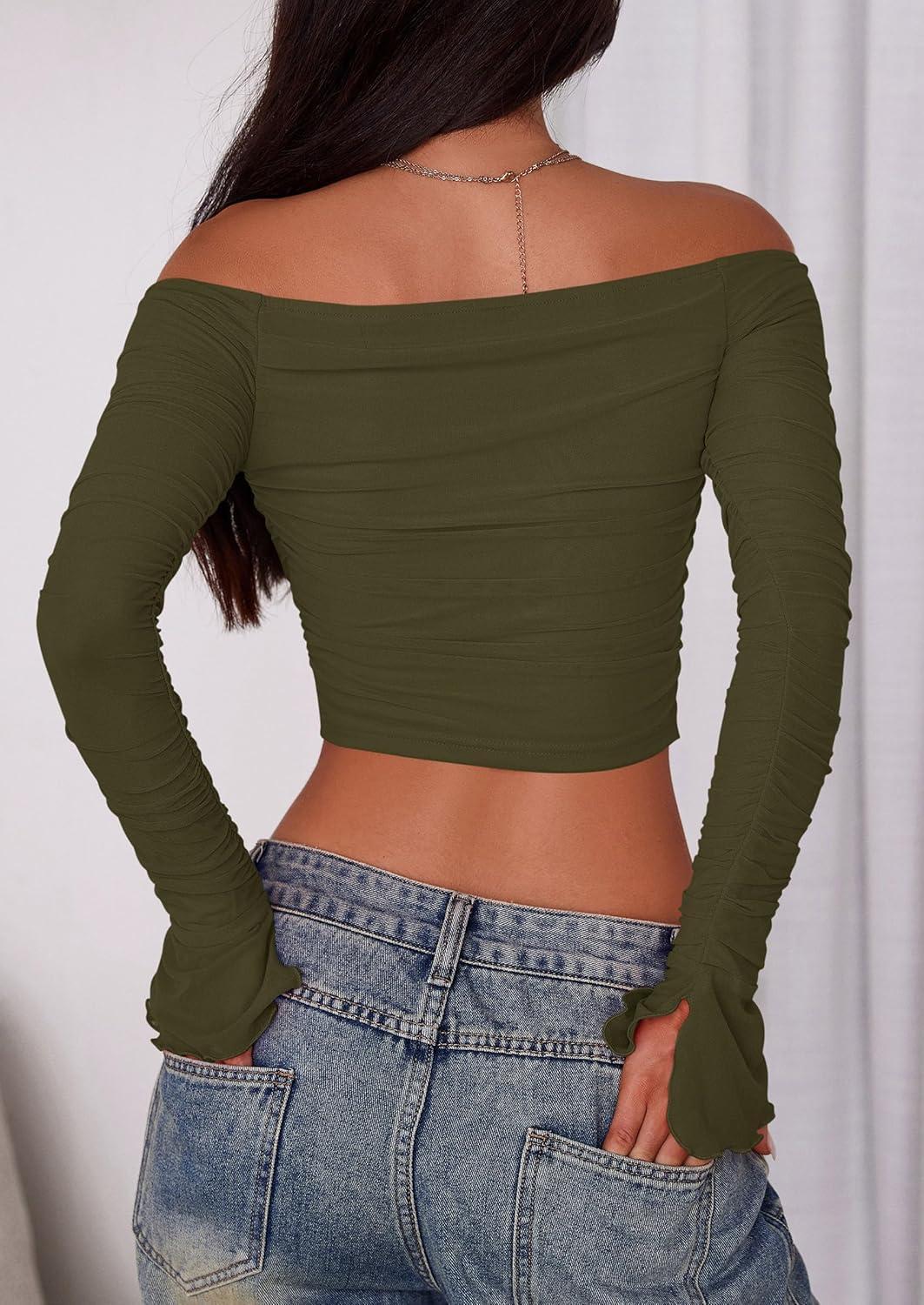imagePRETTYGARDEN Womens Long Sleeve Mesh Crop ShirtArmy Green