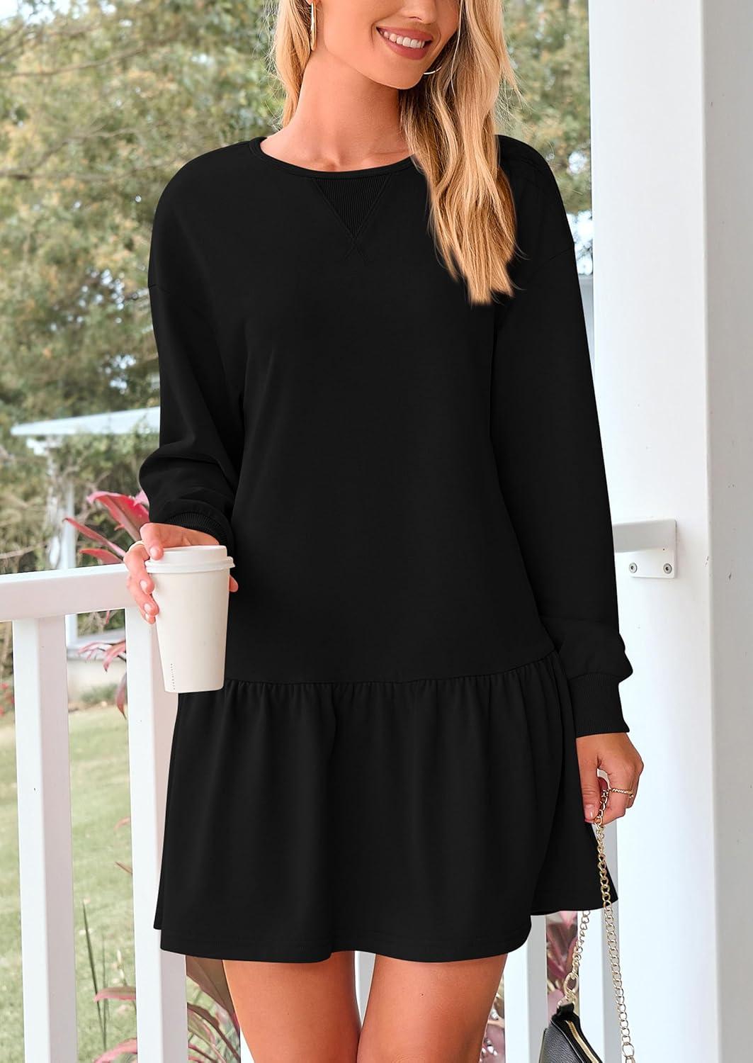 imagePRETTYGARDEN Womens Patchwork Sweatshirt Dress 2025 Fall Casual Long Sleeve Crewneck Pullover Cute Babydoll Mini DressesBlack