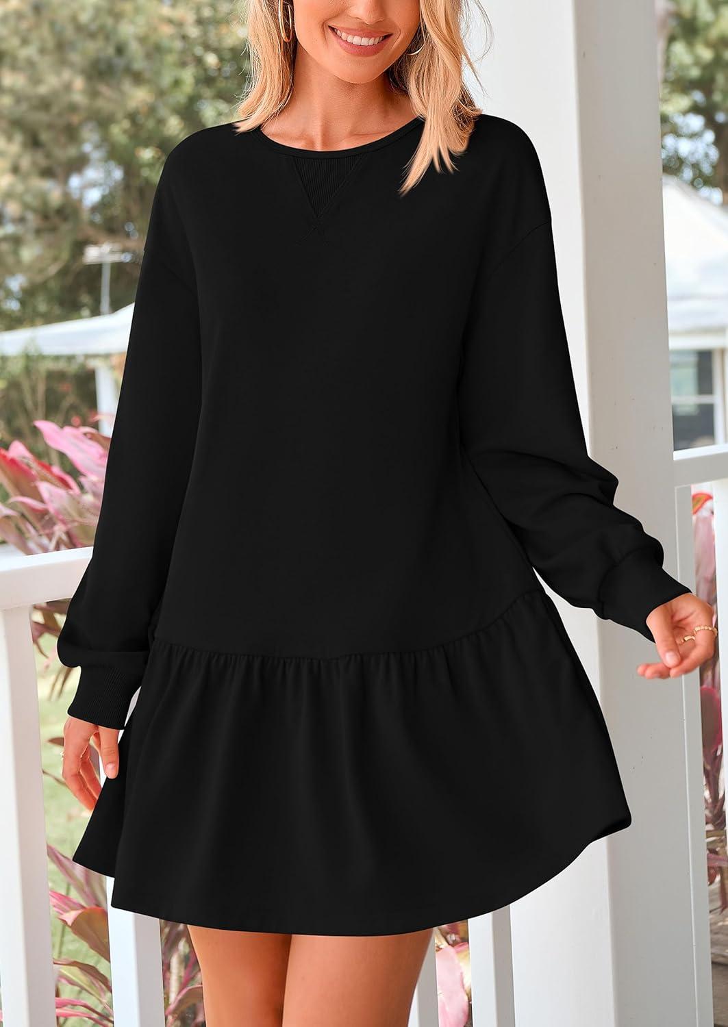 imagePRETTYGARDEN Womens Patchwork Sweatshirt Dress 2025 Fall Casual Long Sleeve Crewneck Pullover Cute Babydoll Mini DressesBlack