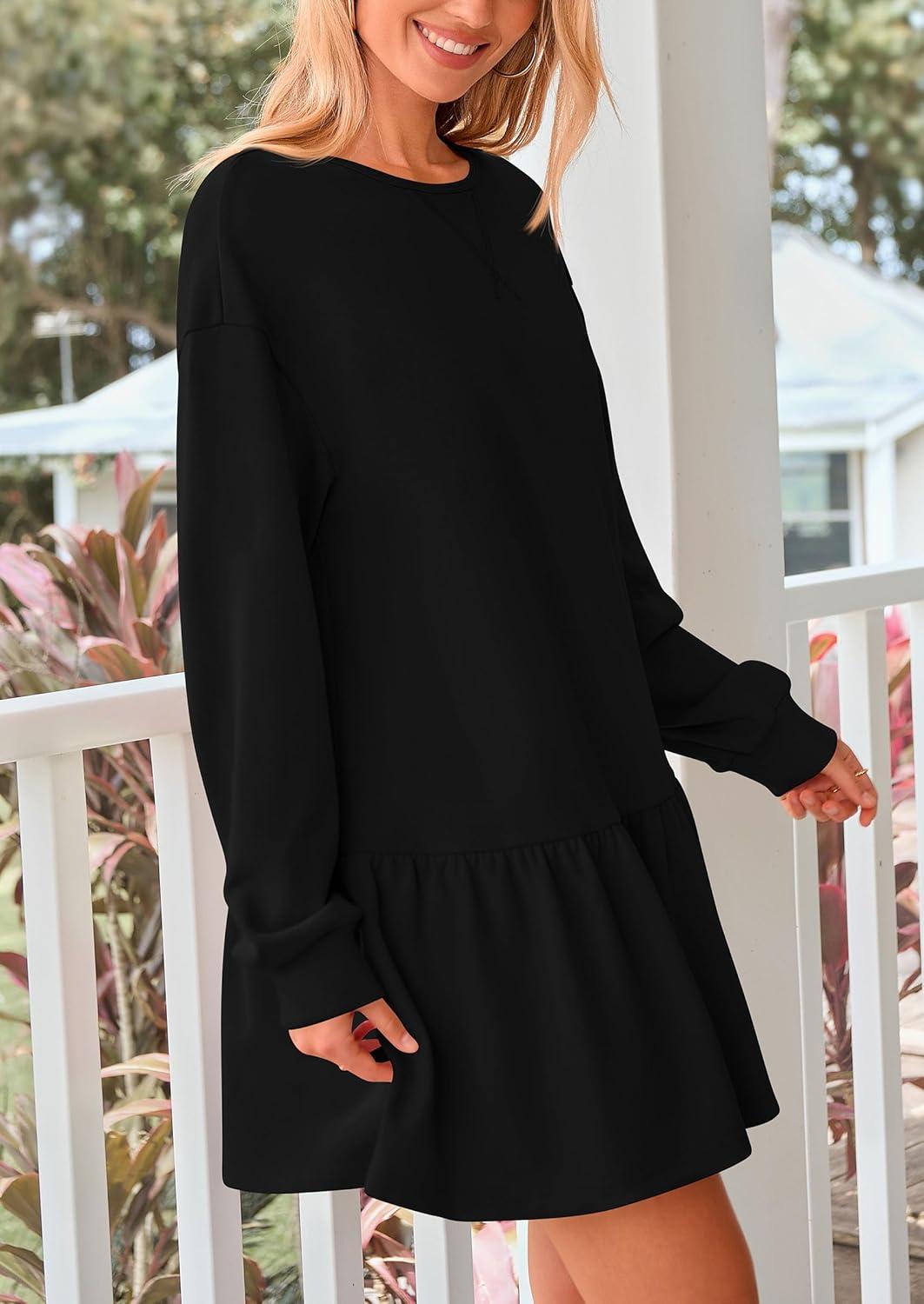 imagePRETTYGARDEN Womens Patchwork Sweatshirt Dress 2025 Fall Casual Long Sleeve Crewneck Pullover Cute Babydoll Mini DressesBlack