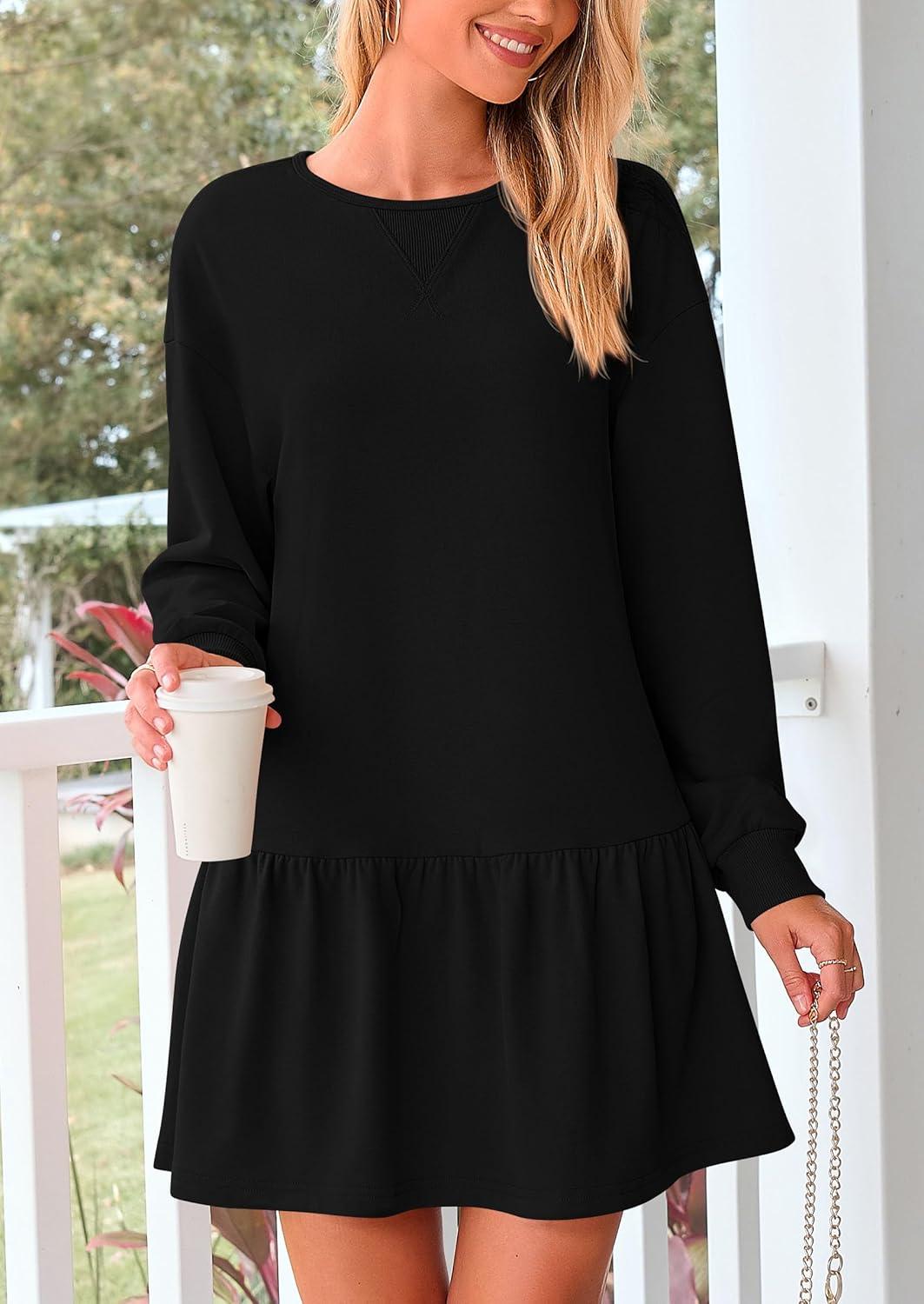 imagePRETTYGARDEN Womens Patchwork Sweatshirt Dress 2025 Fall Casual Long Sleeve Crewneck Pullover Cute Babydoll Mini DressesBlack