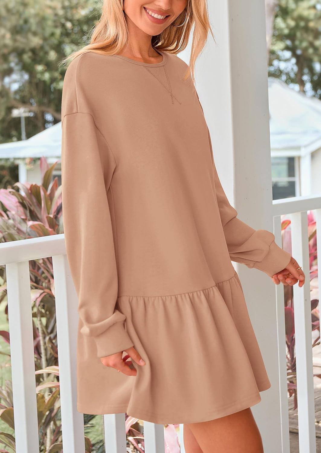 imagePRETTYGARDEN Womens Patchwork Sweatshirt Dress 2025 Fall Casual Long Sleeve Crewneck Pullover Cute Babydoll Mini DressesNude Pink
