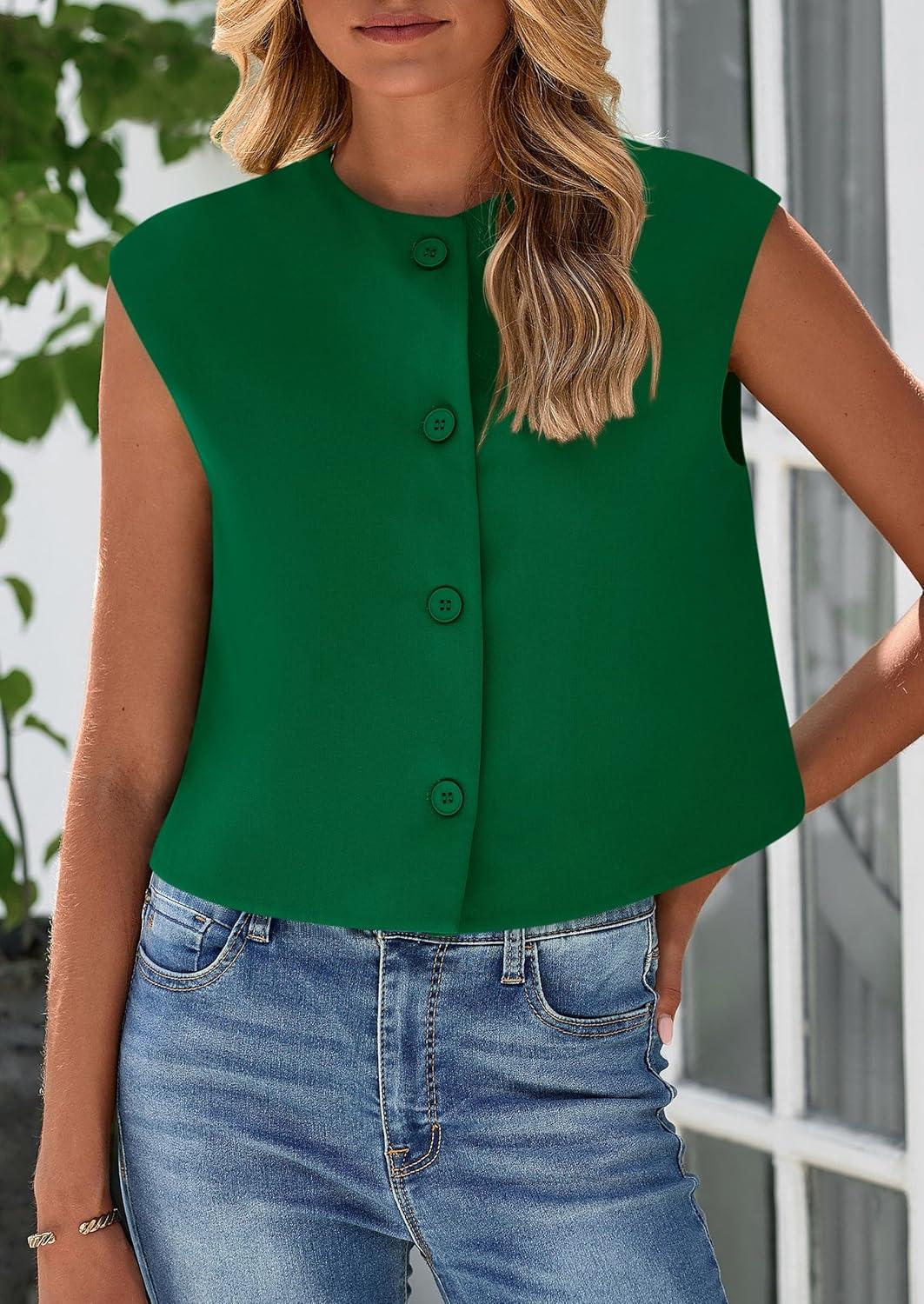 imagePRETTYGARDEN Womens Suit Vest Crop Tops Spring Summer Dressy Business Casual Work Office Clothes Trendy Blazer WaistcoatGreen