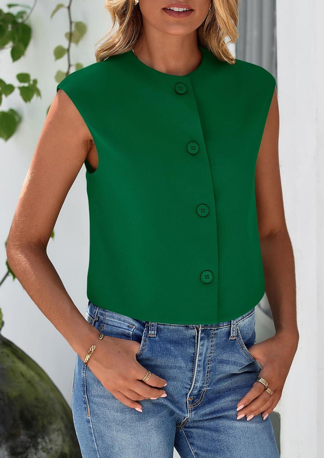 imagePRETTYGARDEN Womens Suit Vest Crop Tops Spring Summer Dressy Business Casual Work Office Clothes Trendy Blazer WaistcoatGreen