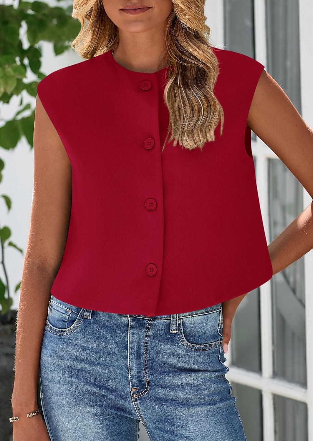 imagePRETTYGARDEN Womens Suit Vest Crop Tops Spring Summer Dressy Business Casual Work Office Clothes Trendy Blazer WaistcoatRed