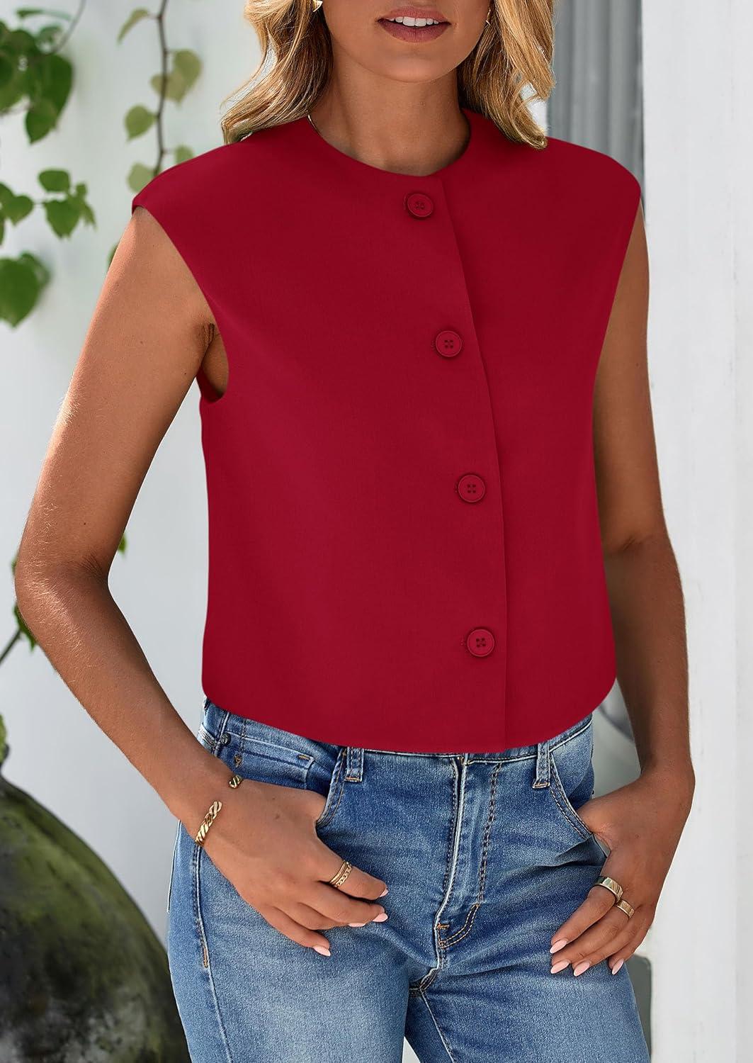 imagePRETTYGARDEN Womens Suit Vest Crop Tops Spring Summer Dressy Business Casual Work Office Clothes Trendy Blazer WaistcoatRed