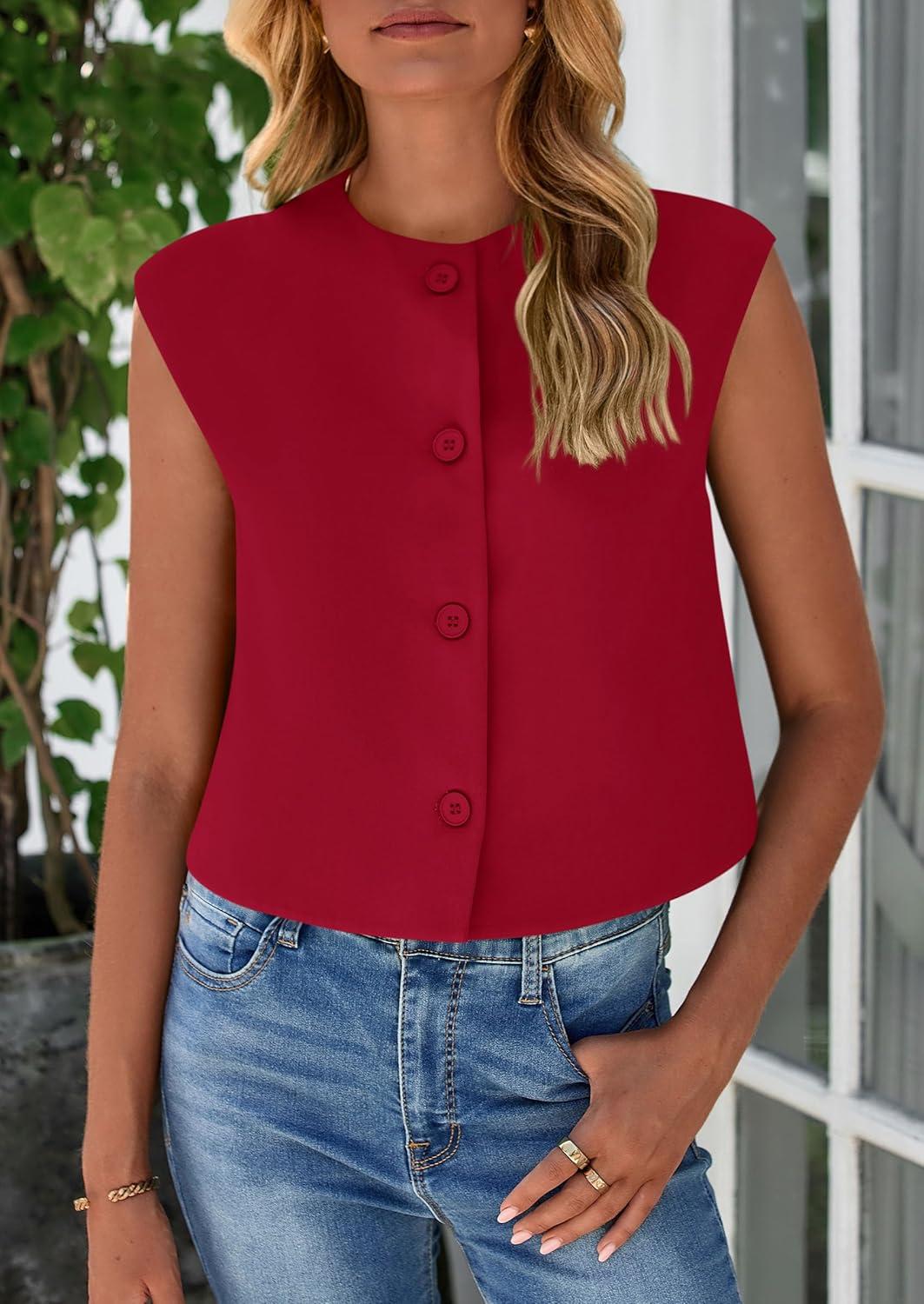 imagePRETTYGARDEN Womens Suit Vest Crop Tops Spring Summer Dressy Business Casual Work Office Clothes Trendy Blazer WaistcoatRed