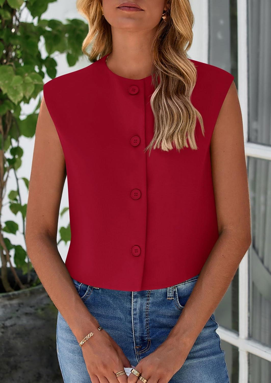 imagePRETTYGARDEN Womens Suit Vest Crop Tops Spring Summer Dressy Business Casual Work Office Clothes Trendy Blazer WaistcoatRed
