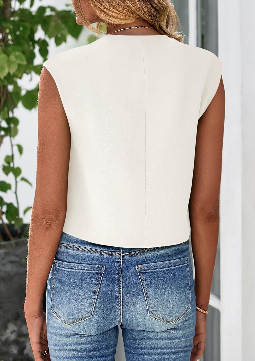 imagePRETTYGARDEN Womens Suit Vest Crop Tops Spring Summer Dressy Business Casual Work Office Clothes Trendy Blazer WaistcoatWhite