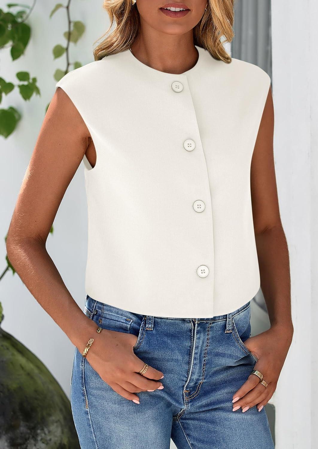 imagePRETTYGARDEN Womens Suit Vest Crop Tops Spring Summer Dressy Business Casual Work Office Clothes Trendy Blazer WaistcoatWhite