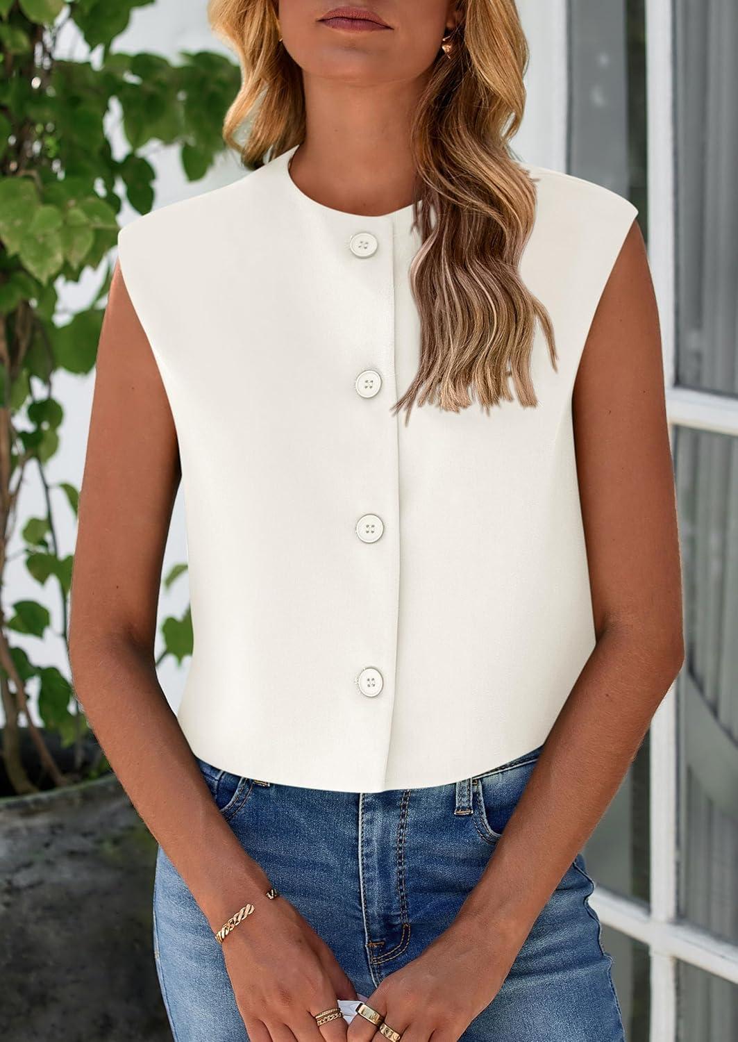 imagePRETTYGARDEN Womens Suit Vest Crop Tops Spring Summer Dressy Business Casual Work Office Clothes Trendy Blazer WaistcoatWhite