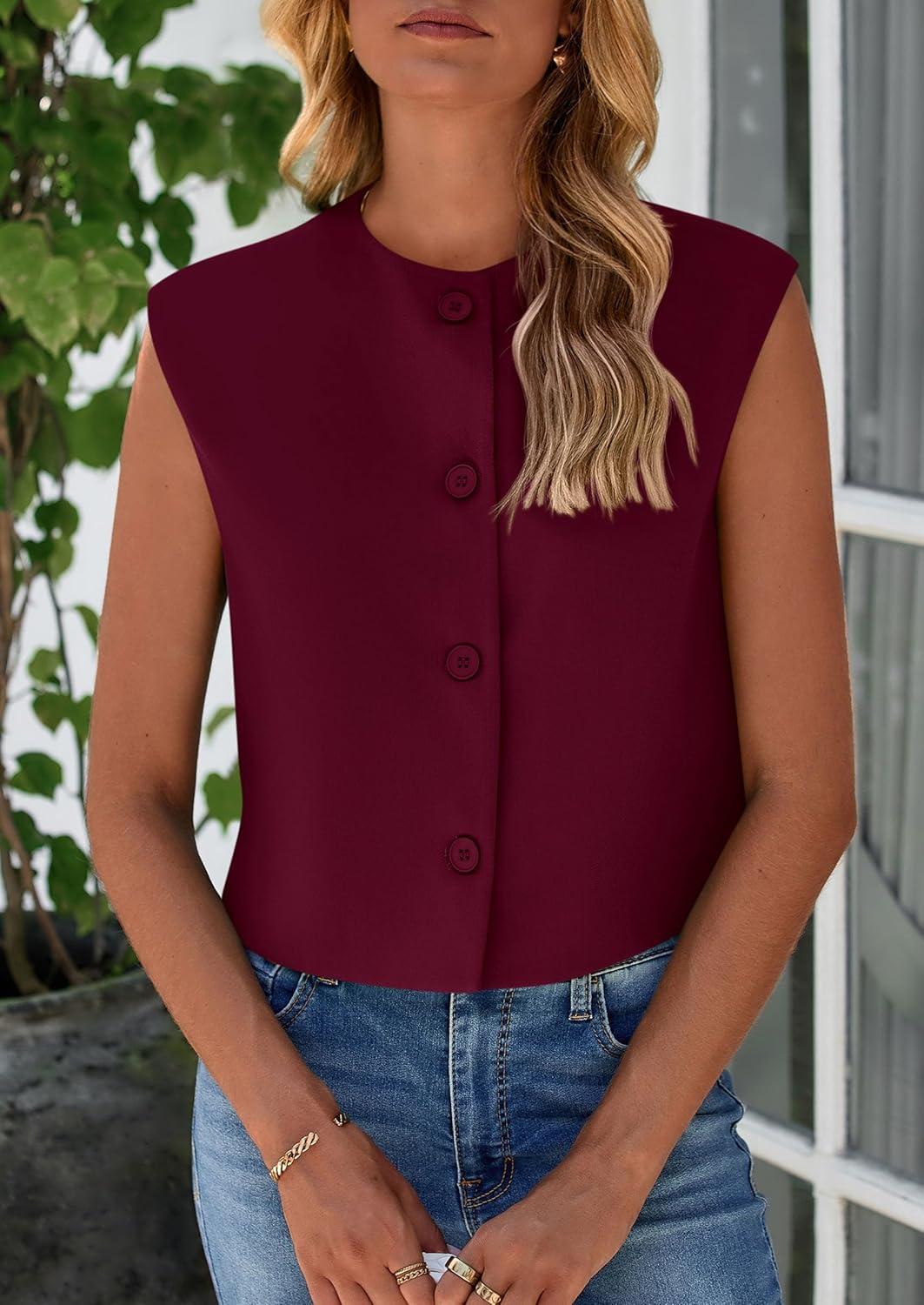 imagePRETTYGARDEN Womens Suit Vest Crop Tops Spring Summer Dressy Business Casual Work Office Clothes Trendy Blazer WaistcoatWine Red