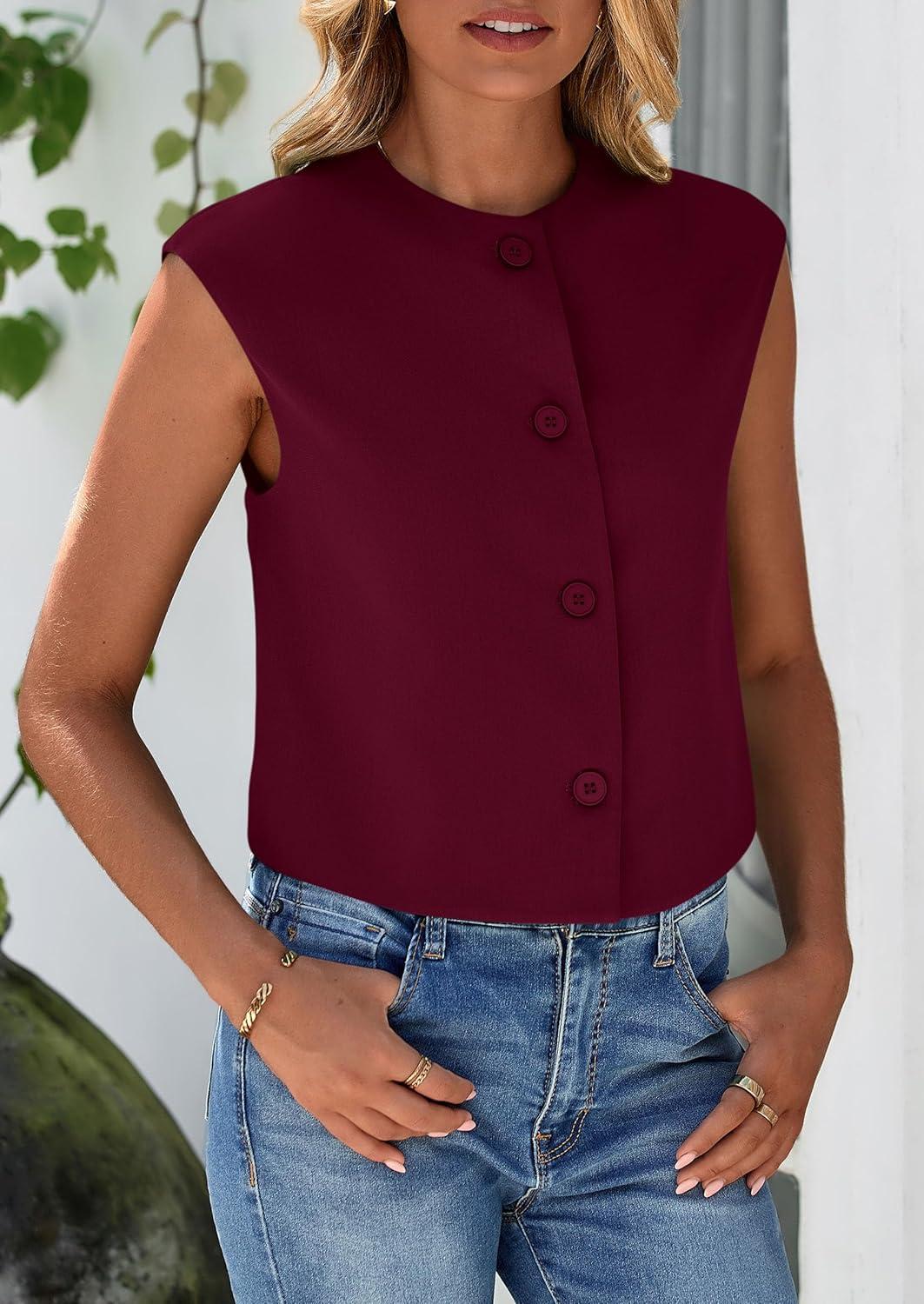 imagePRETTYGARDEN Womens Suit Vest Crop Tops Spring Summer Dressy Business Casual Work Office Clothes Trendy Blazer WaistcoatWine Red
