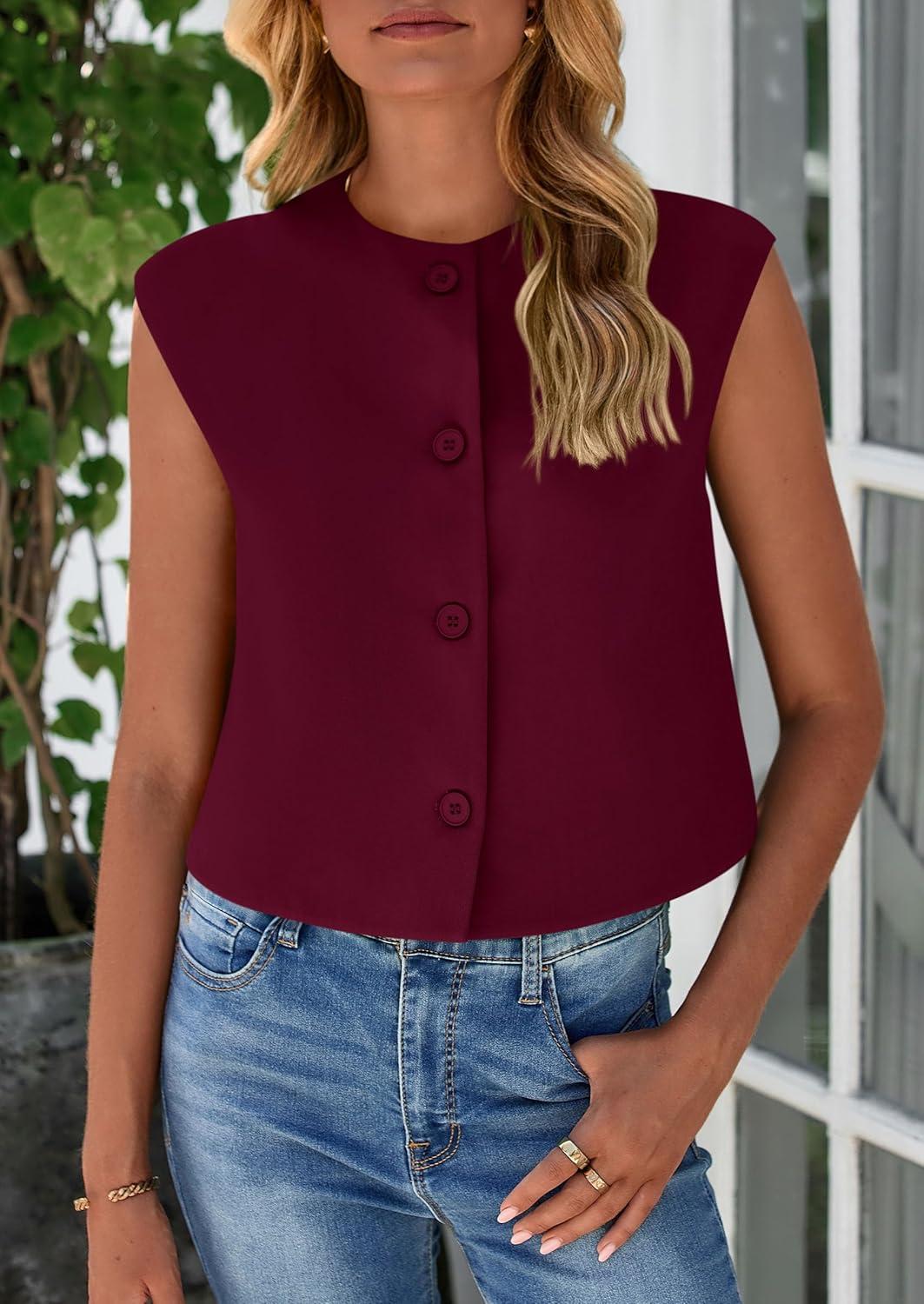 imagePRETTYGARDEN Womens Suit Vest Crop Tops Spring Summer Dressy Business Casual Work Office Clothes Trendy Blazer WaistcoatWine Red