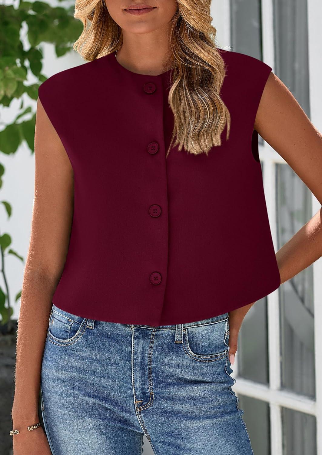 imagePRETTYGARDEN Womens Suit Vest Crop Tops Spring Summer Dressy Business Casual Work Office Clothes Trendy Blazer WaistcoatWine Red