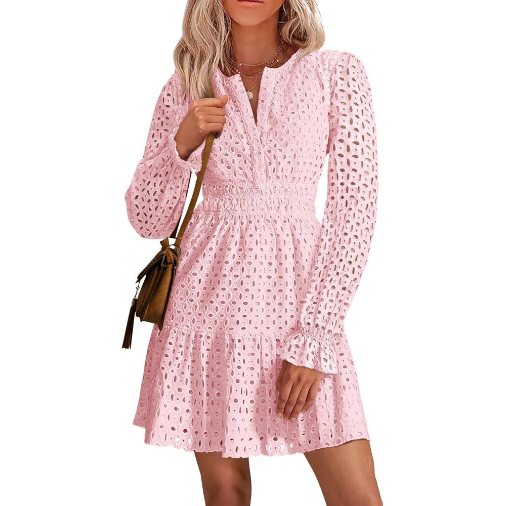 imagePRETTYGARDEN Womens 2025 Long Sleeve Mini Dress Eyelet V Neck A Line Casual Elegant Holiday Wedding Guest Party DressesPink