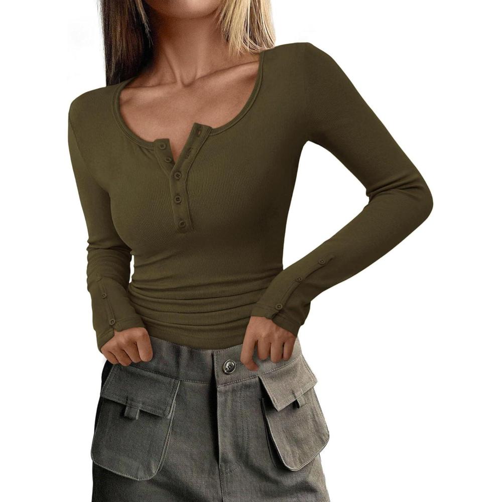 imagePRETTYGARDEN Womens 2025 Summer Long Sleeve Henley T Shirts Ribbed Knit Button Slim Fitted Basic Casual Going Out Fall TopsArmy Green