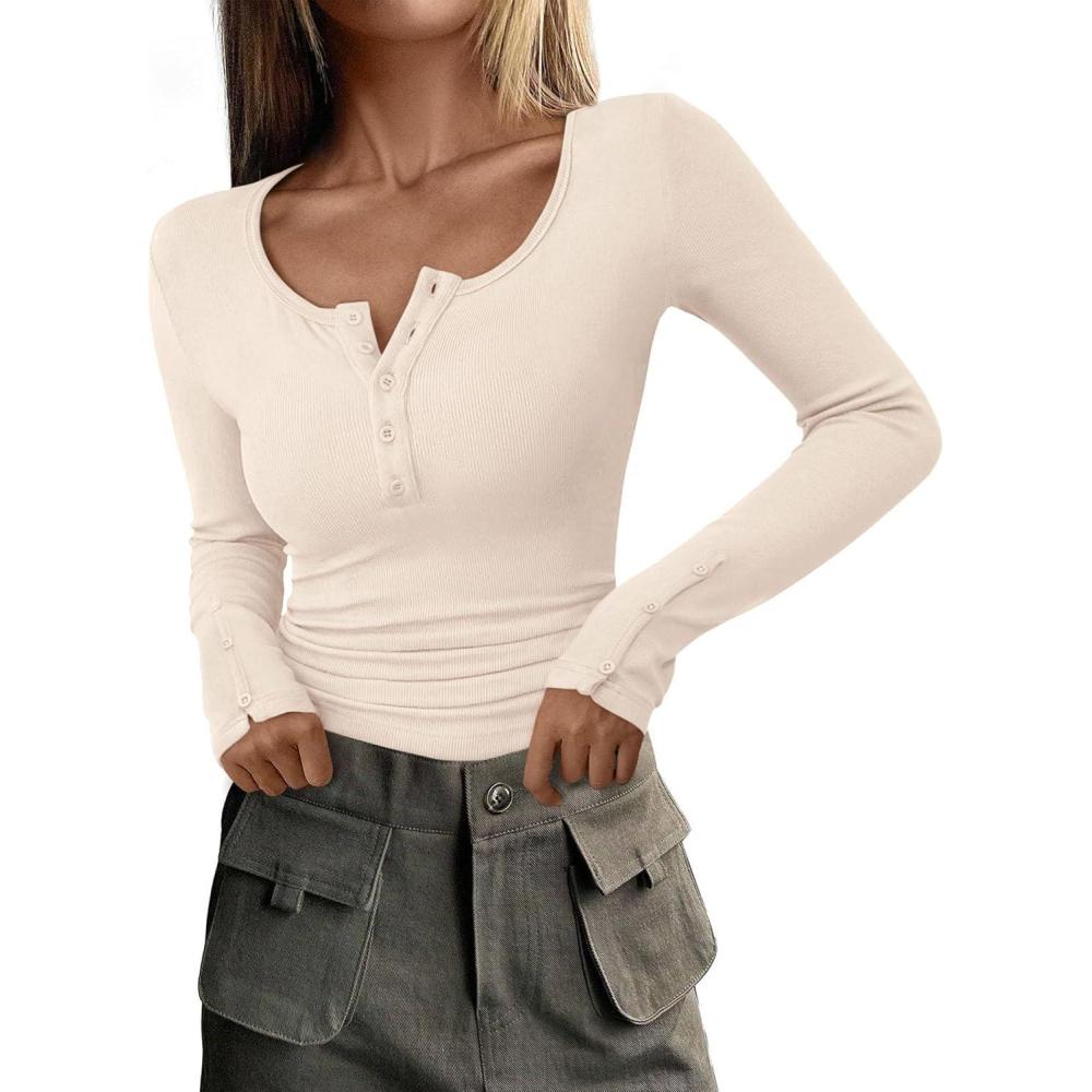 imagePRETTYGARDEN Womens 2025 Summer Long Sleeve Henley T Shirts Ribbed Knit Button Slim Fitted Basic Casual Going Out Fall TopsBeige