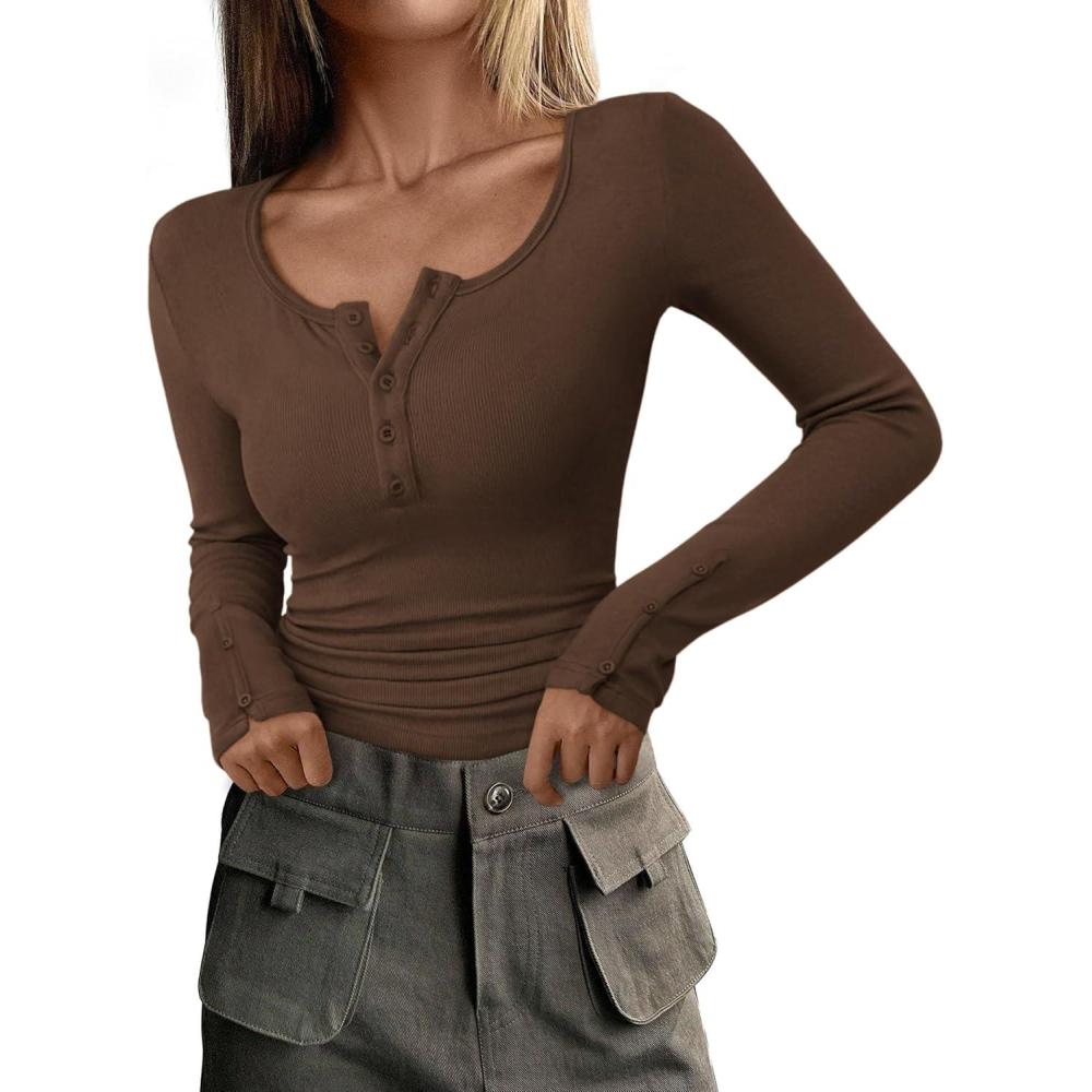 imagePRETTYGARDEN Womens 2025 Summer Long Sleeve Henley T Shirts Ribbed Knit Button Slim Fitted Basic Casual Going Out Fall TopsCoffee