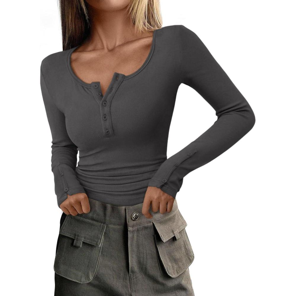 imagePRETTYGARDEN Womens 2025 Summer Long Sleeve Henley T Shirts Ribbed Knit Button Slim Fitted Basic Casual Going Out Fall TopsDark Grey