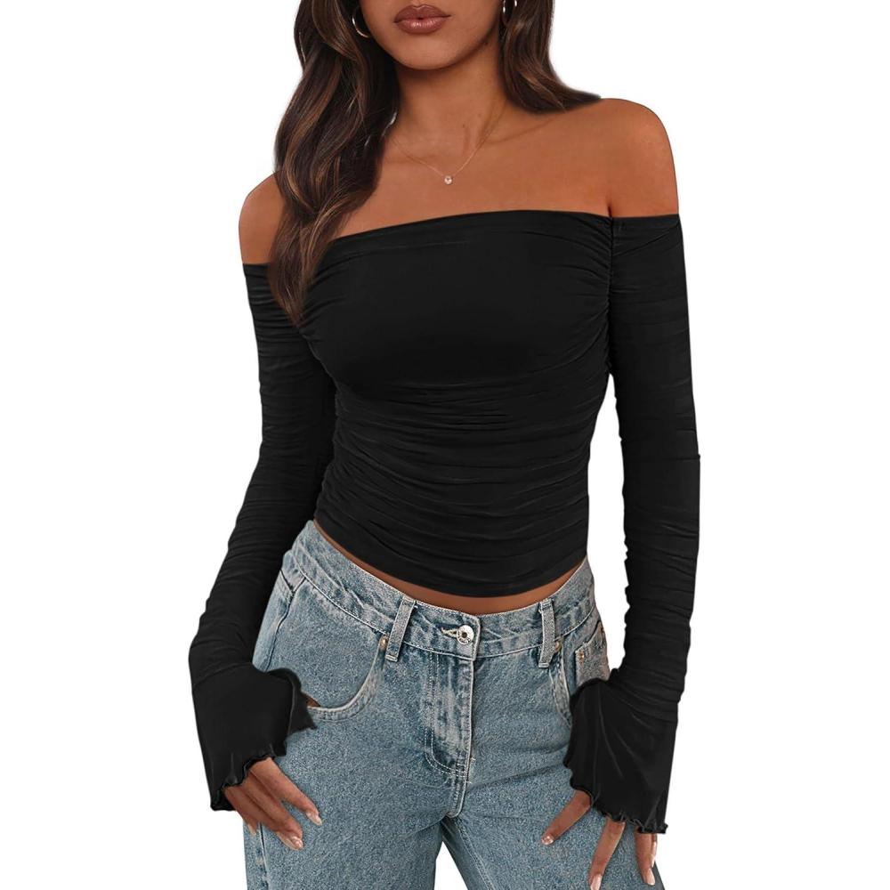imagePRETTYGARDEN Womens Long Sleeve Mesh Crop ShirtBlack