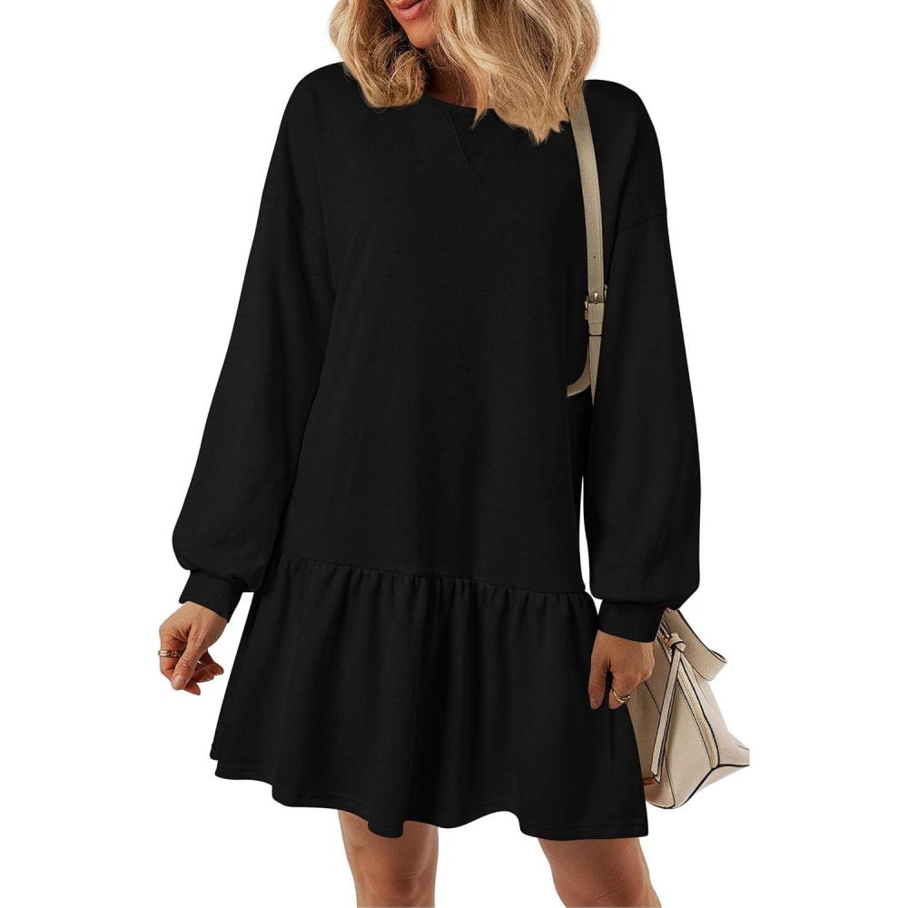 imagePRETTYGARDEN Womens Patchwork Sweatshirt Dress 2025 Fall Casual Long Sleeve Crewneck Pullover Cute Babydoll Mini DressesBlack