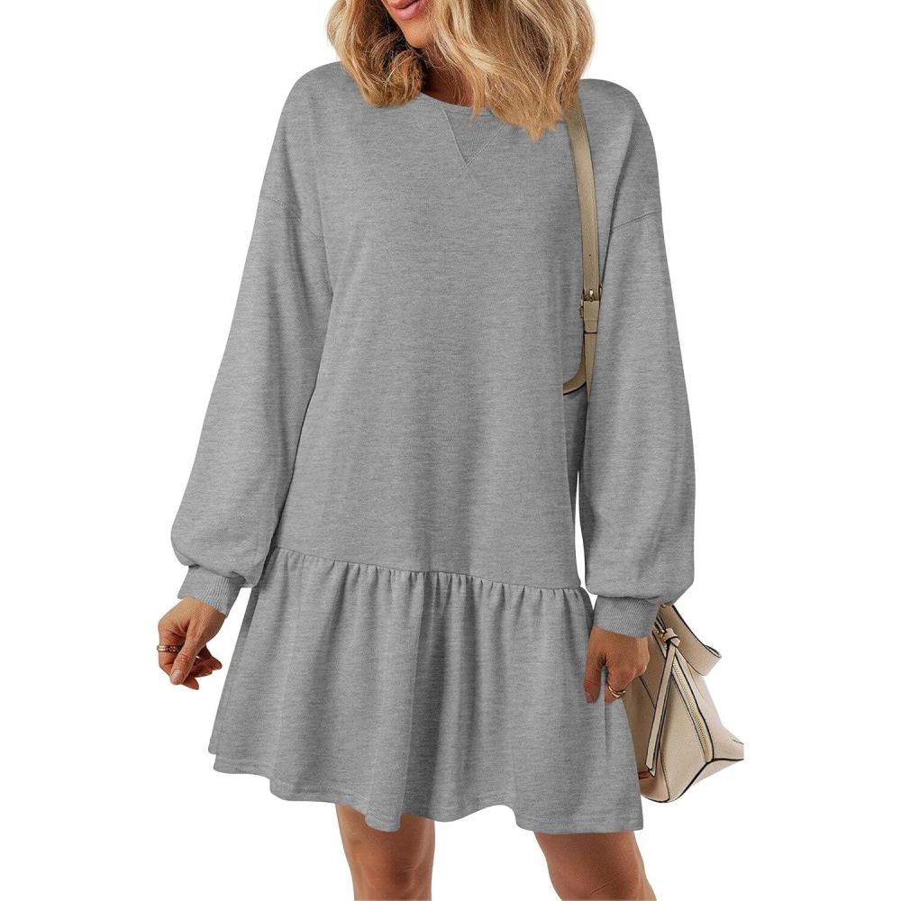 imagePRETTYGARDEN Womens Patchwork Sweatshirt Dress 2025 Fall Casual Long Sleeve Crewneck Pullover Cute Babydoll Mini DressesGrey