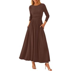 PRETTYGARDEN Women’s 2025 Fashion Trendy Fall Long Sleeve Dresses Ruched Flowy Elegant Modest Boho Casual Beach Maxi Dress(Coffee)