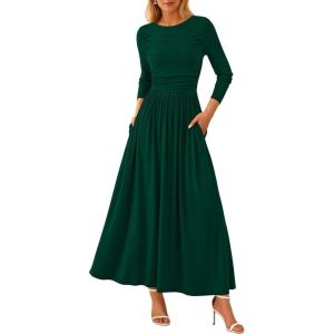 PRETTYGARDEN Women’s 2025 Fashion Trendy Fall Long Sleeve Dresses Ruched Flowy Elegant Modest Boho Casual Beach Maxi Dress(Dark Green)