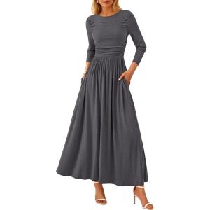 PRETTYGARDEN Women’s 2025 Fashion Trendy Fall Long Sleeve Dresses Ruched Flowy Elegant Modest Boho Casual Beach Maxi Dress(Grey)