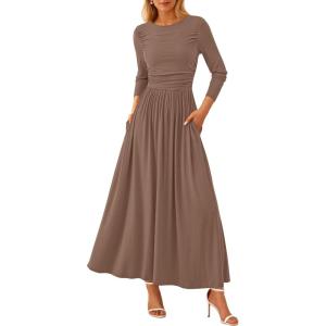PRETTYGARDEN Women’s 2025 Fashion Trendy Fall Long Sleeve Dresses Ruched Flowy Elegant Modest Boho Casual Beach Maxi Dress(Khaki)