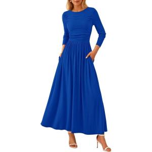PRETTYGARDEN Women’s 2025 Fashion Trendy Fall Long Sleeve Dresses Ruched Flowy Elegant Modest Boho Casual Beach Maxi Dress(Royal Blue)