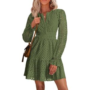 PRETTYGARDEN Women’s 2025 Long Sleeve Mini Dress Eyelet V Neck A Line Casual Elegant Holiday Wedding Guest Party Dresses(Army Green)