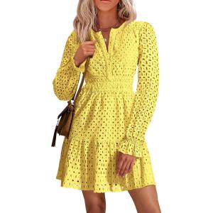 PRETTYGARDEN Women’s 2025 Long Sleeve Mini Dress Eyelet V Neck A Line Casual Elegant Holiday Wedding Guest Party Dresses(Yellow)