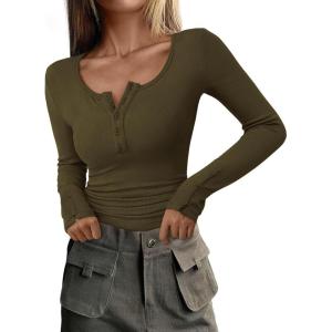 PRETTYGARDEN Women’s 2025 Summer Long Sleeve Henley T Shirts Ribbed Knit Button Slim Fitted Basic Casual Going Out Fall Tops(Army Green)