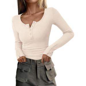 PRETTYGARDEN Women’s 2025 Summer Long Sleeve Henley T Shirts Ribbed Knit Button Slim Fitted Basic Casual Going Out Fall Tops(Beige)