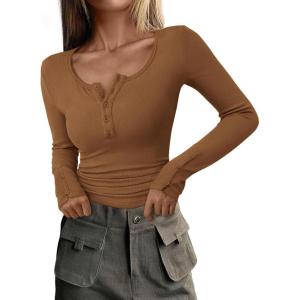 PRETTYGARDEN Women’s 2025 Summer Long Sleeve Henley T Shirts Ribbed Knit Button Slim Fitted Basic Casual Going Out Fall Tops(Brown)