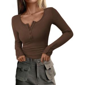 PRETTYGARDEN Women’s 2025 Summer Long Sleeve Henley T Shirts Ribbed Knit Button Slim Fitted Basic Casual Going Out Fall Tops(Coffee)