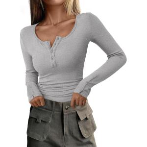 PRETTYGARDEN Women’s 2025 Summer Long Sleeve Henley T Shirts Ribbed Knit Button Slim Fitted Basic Casual Going Out Fall Tops(Grey)